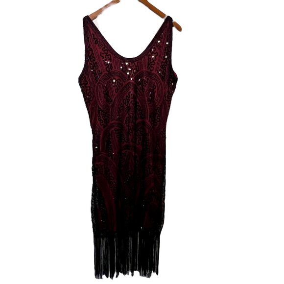Flapper Dress Gatsby 1920s Fringe Beaded Black Red Party New Year's Themed XL - Picture 4 of 14